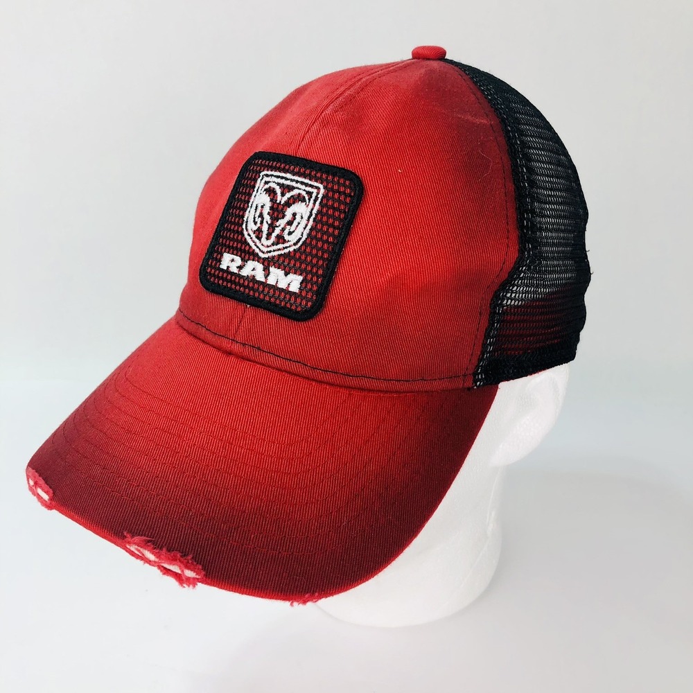 RAM Dodge Trucker Hat Red Embroidered Baseball Cap Distressed Snapback NWOT